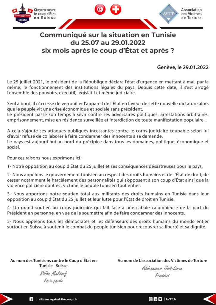 Communiqué sur la situation en Tunisie du 25.07 au 29.01.2022 ¦ six mois après le coup d’État et après ?